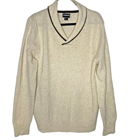 Anapo Sweater Lambs Wool Blend V-Neck Shawl Collar Mens XL Beige Brown Specks - Picture 1 of 7